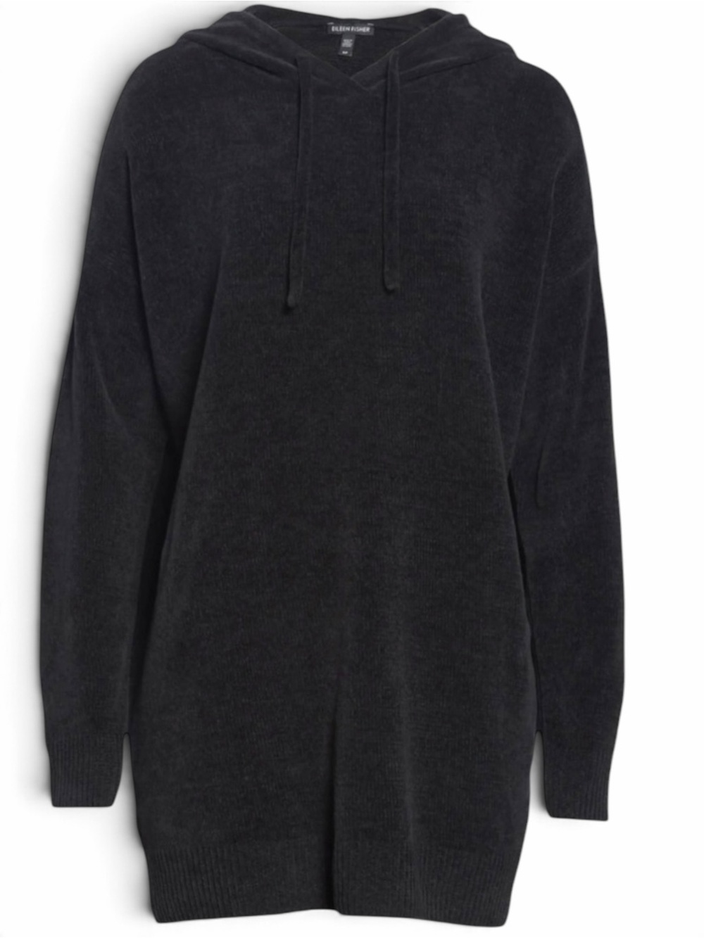 Eileen Fisher Chenille Organic Cotton Black Hooded Tunic Hoodie Sweater